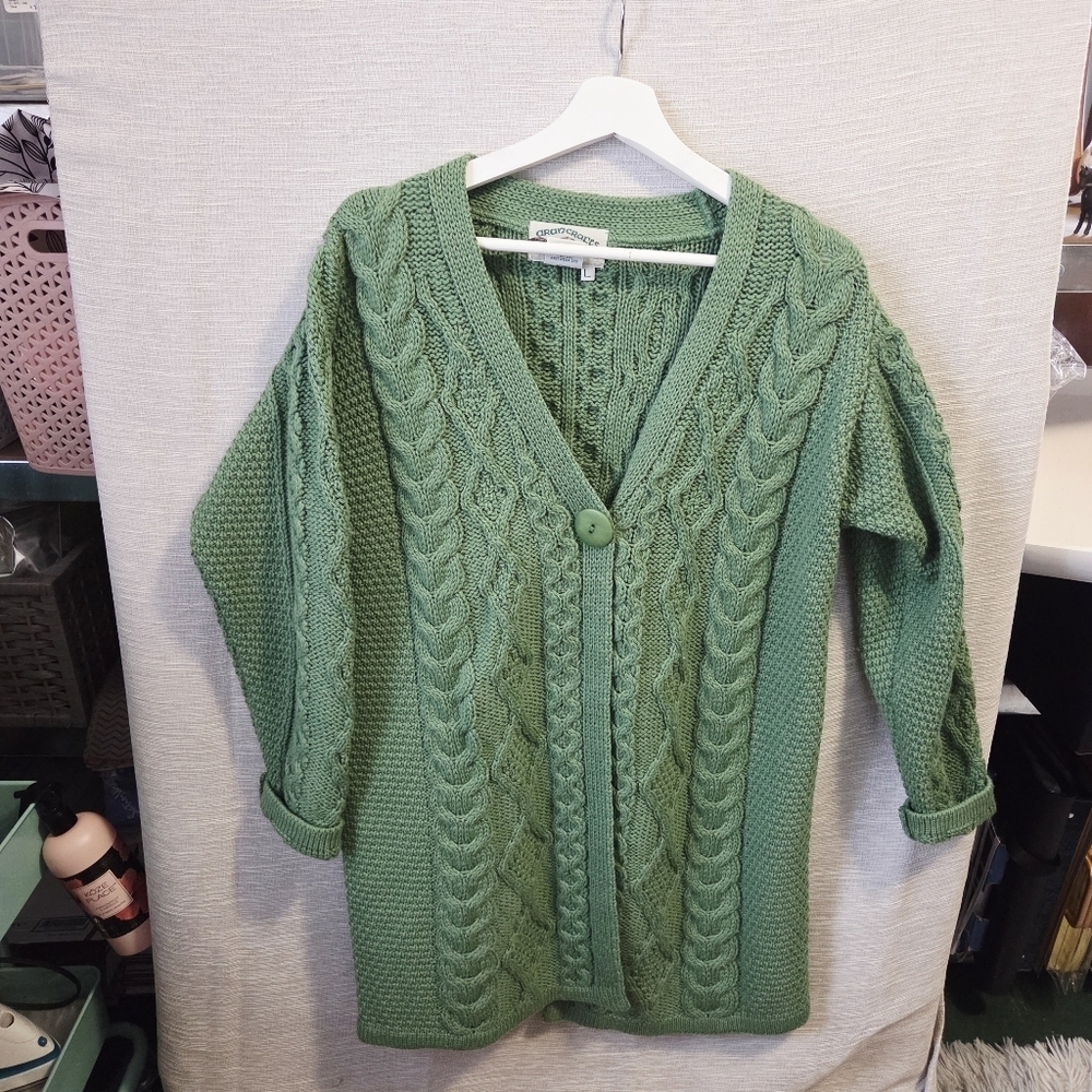 Aran crafts merino wool one button cable knit cardigan long  sweater Large - Picture 5 of 7